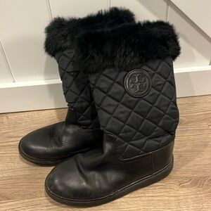 Tory Burch Black Quilted Boots Faux Fur